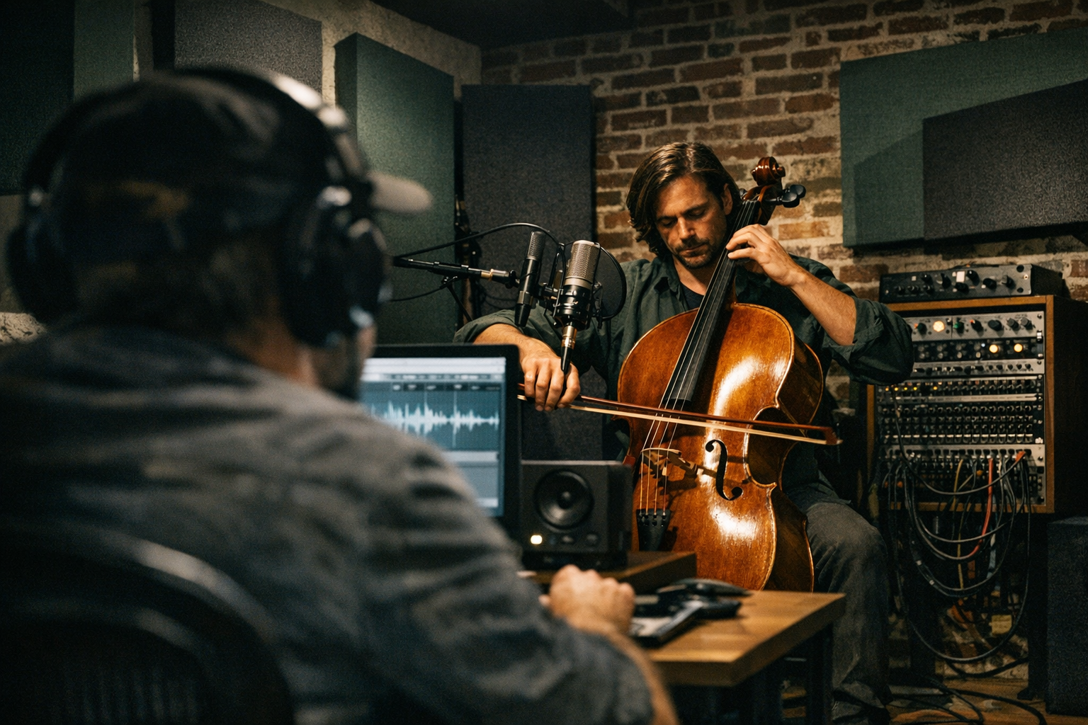 Photorealistic, cinematic image of an intimate Brooklyn string session that rejects the big-room, big-budget myth: a compact, acoustically treated stu