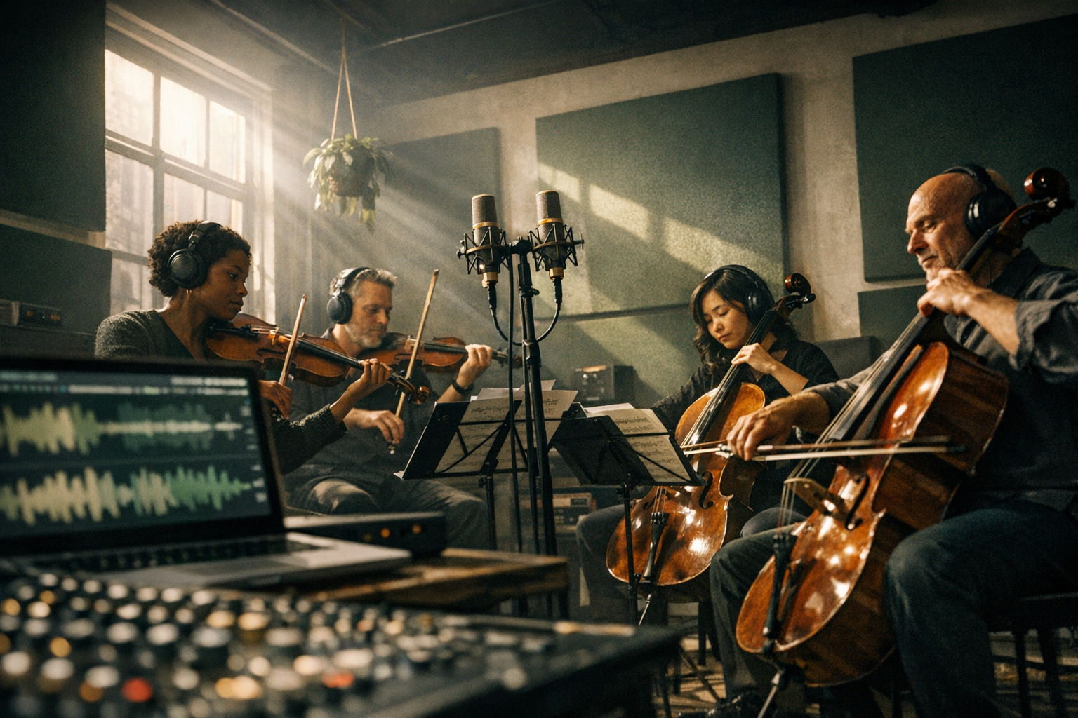 Photorealistic, cinematic scene in a Brooklyn recording studio: a small string ensemble (violin, viola, cello) mid-session around a spaced stereo mic 